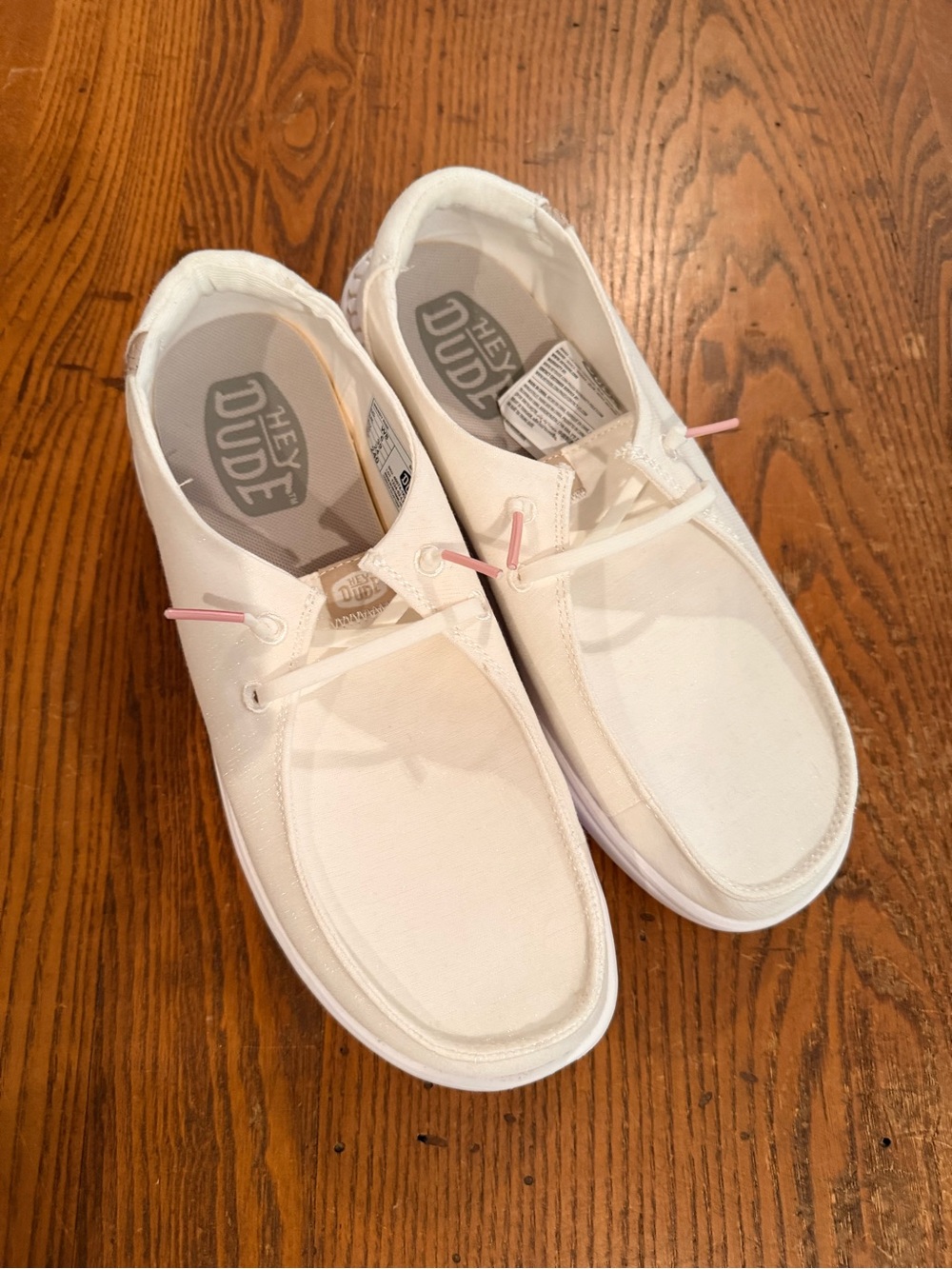 Hey Dude White Canvas Boat Shoes with Pink Lace Tips